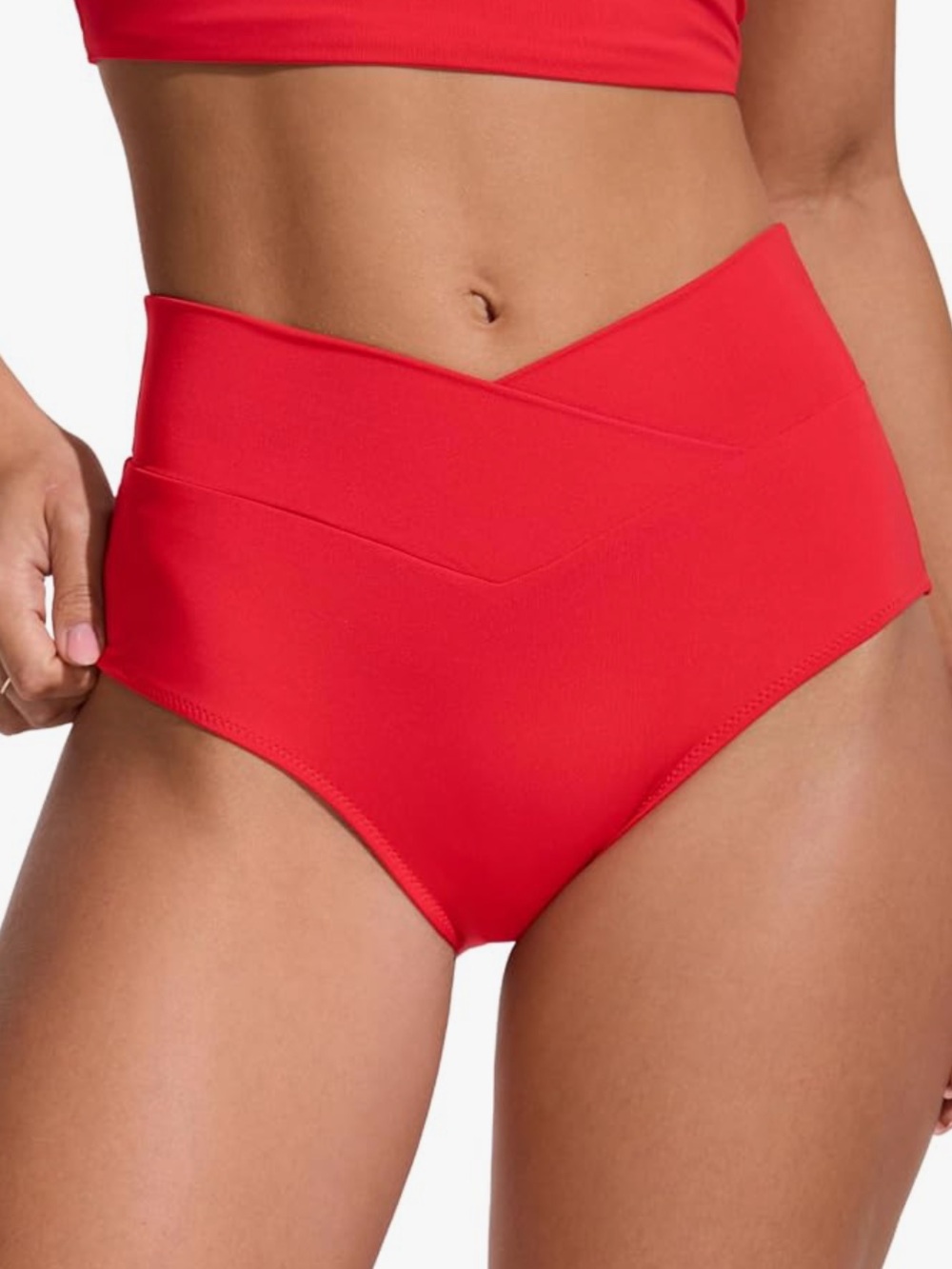 CRZ YOGA Swim suit Red High-Waist V-Neck Bikini Set - Swim crossover bottom Red - Picture 4 of 8
